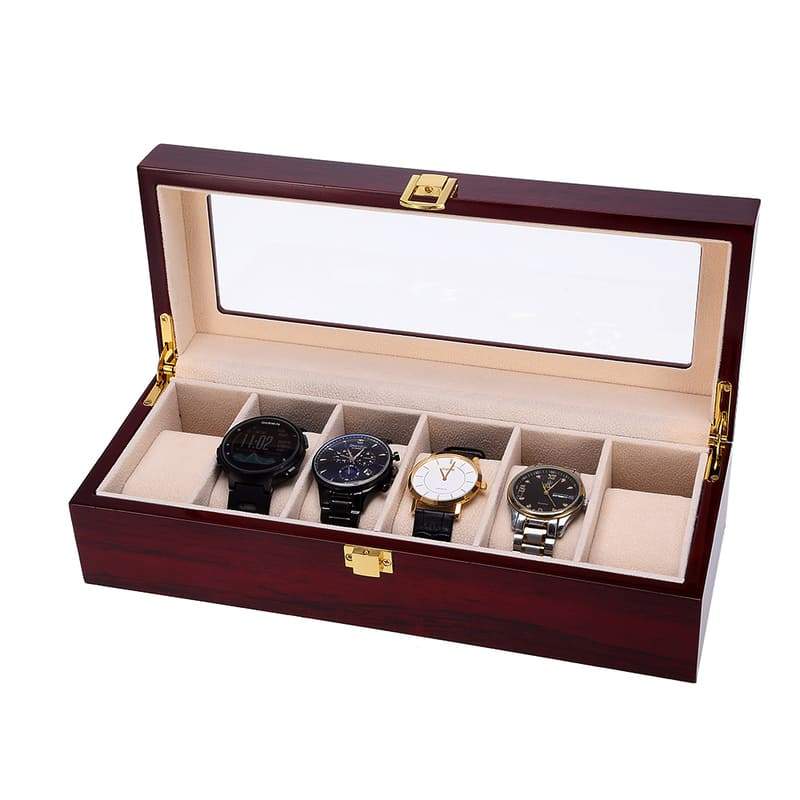 RED WOOD WATCH BOX <br/> 6 SLOTS
