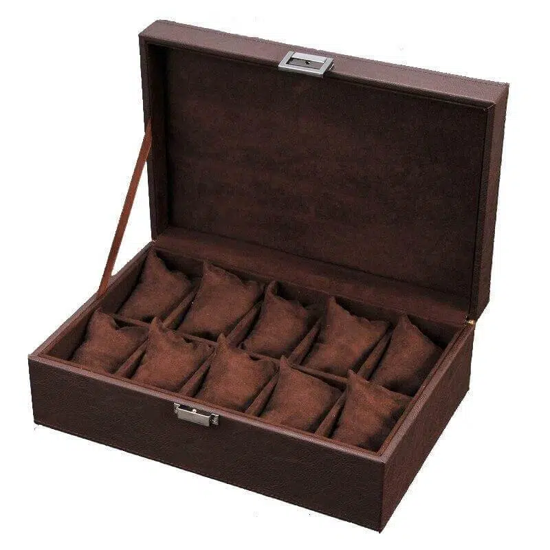 LUXURY BROWN LEATHERETTE WATCH BOX  10 SLOTS