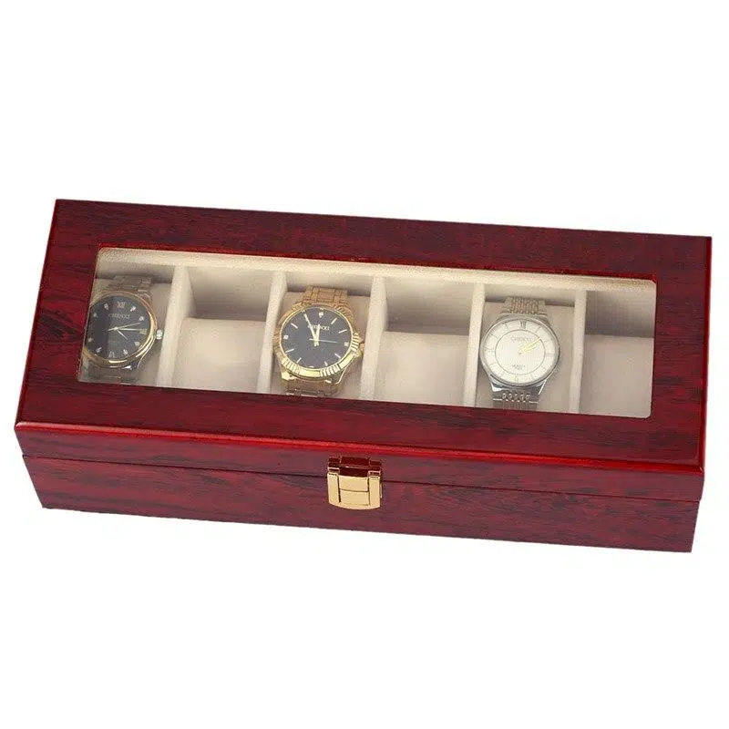RED WOOD WATCH BOX  6 SLOTS